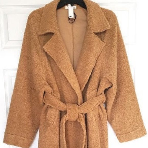 Camel Brown Soft Faux Fur Teddy Trench Coat - Picture 3 of 6